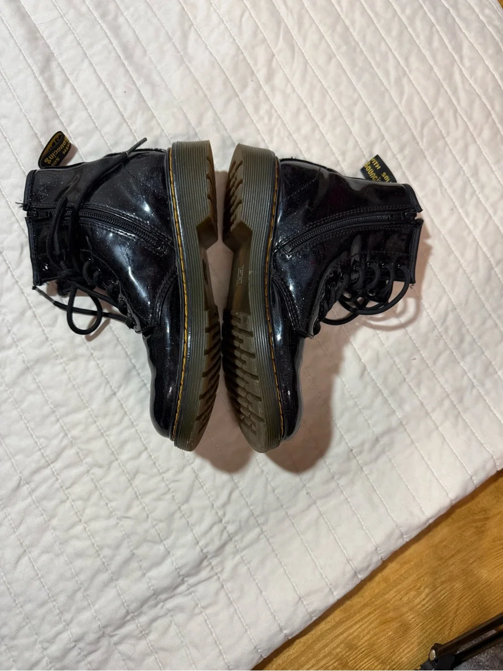 Dr. Martens 1460 Junior Glitter Black Patent Leather Boots with Yellow Stitching